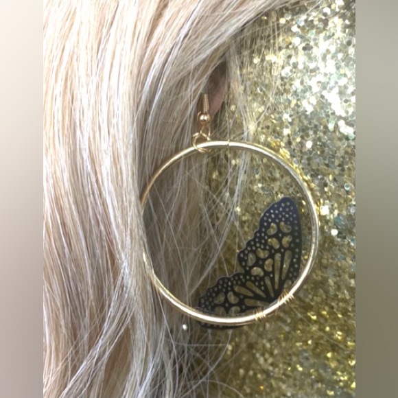 “Black Fairy Wing” Delicate Feminine Perforated Lace Half Butterfly Gold Hoops - Picture 9 of 9